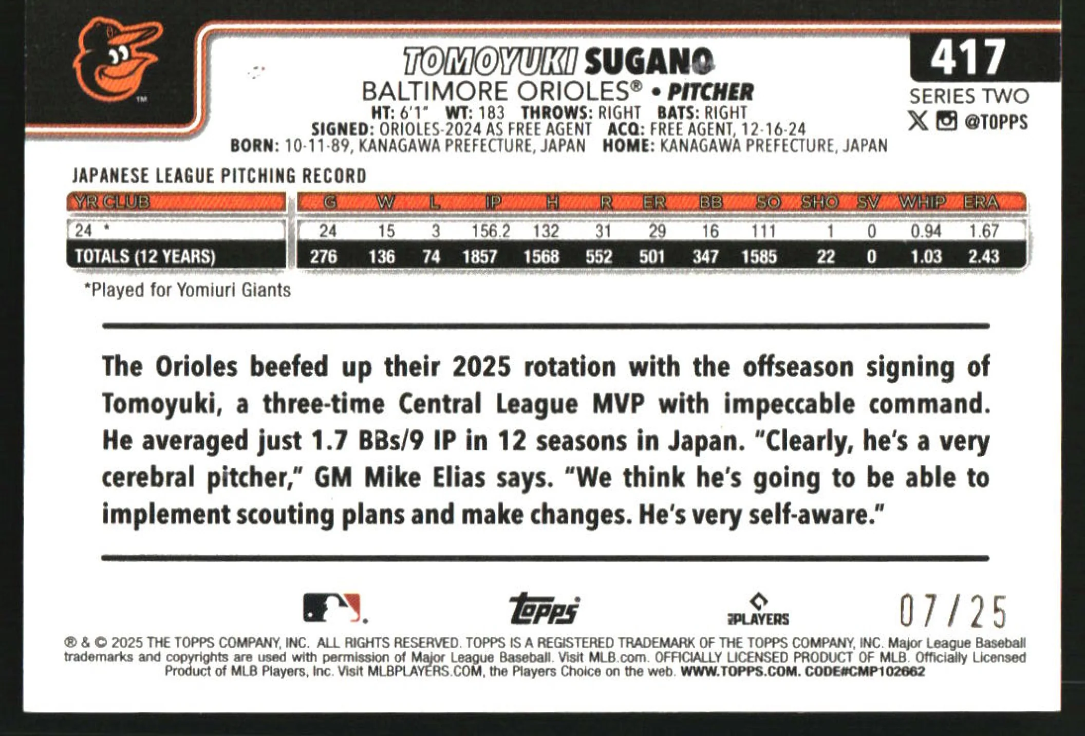 2025 Topps Wood #417 Tomoyuki Sugano RC /25 - Image 2