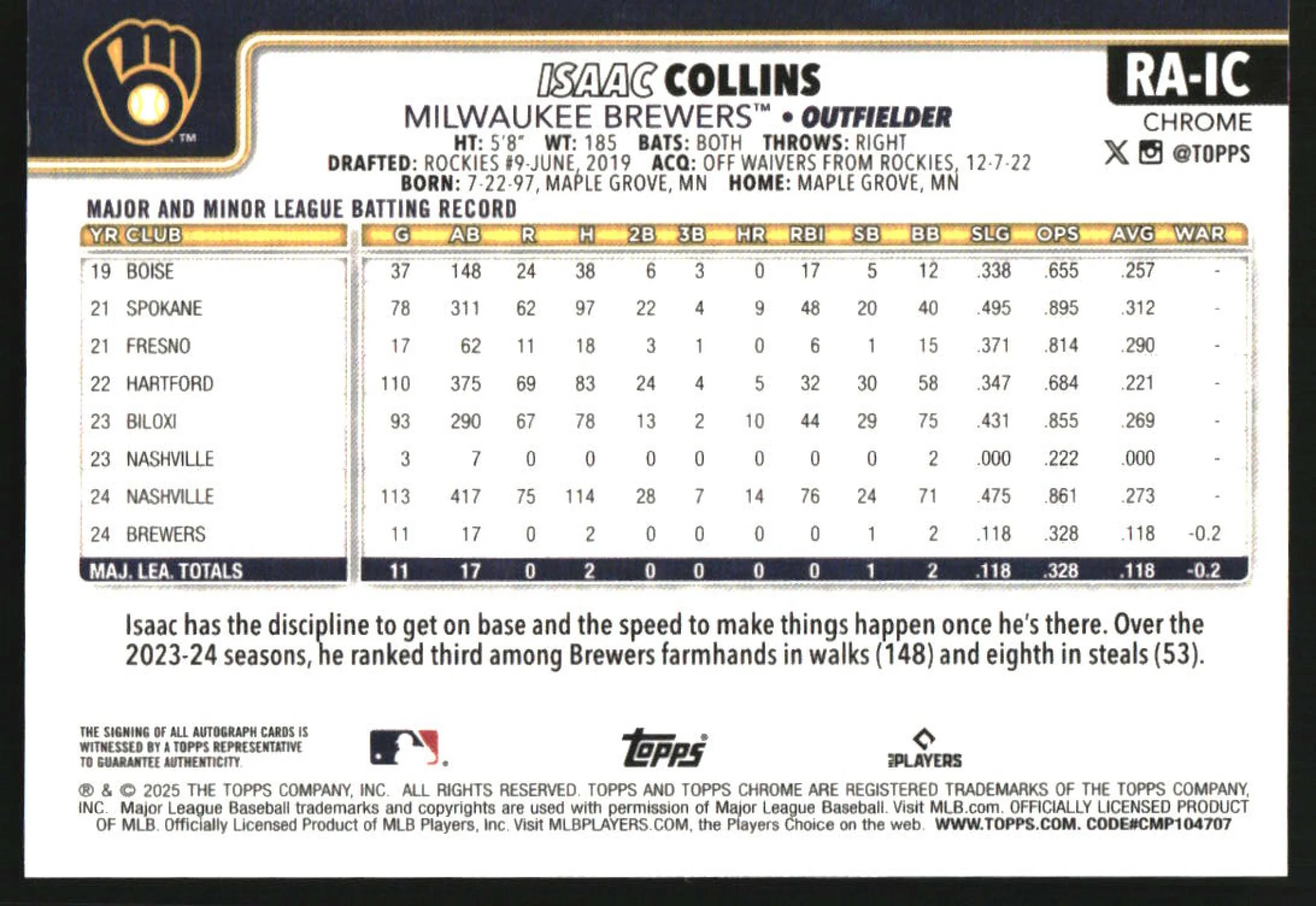 2025 Topps Chrome Rookie Autographs #RA-IC Isaac Collins RC Auto - Image 2