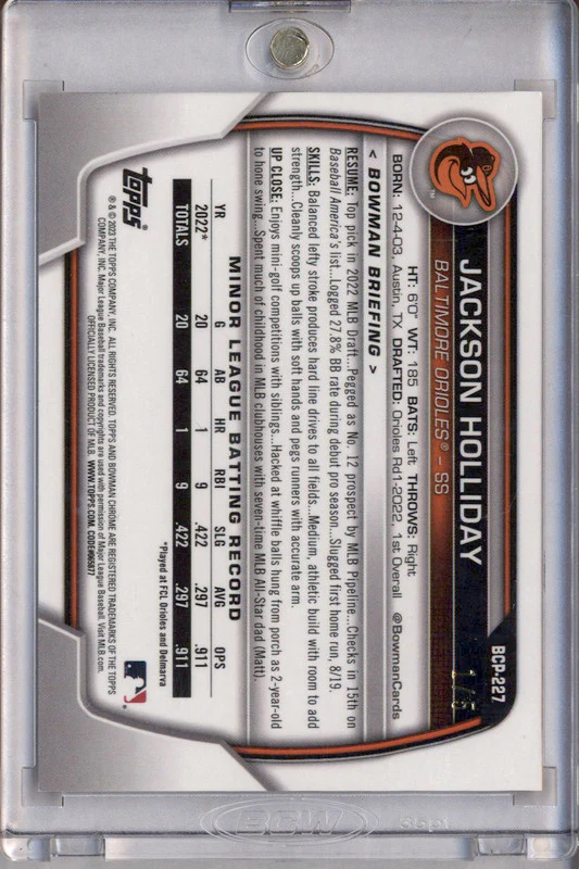 2023 Bowman Chrome Chrome Prospects Red Refractor #BCP-227 Jackson Holliday /5 - Image 2