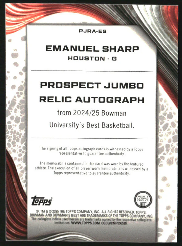 2024 Bowman's Best University Prospect Jumbo Relic Red Emanuel Sharp Auto /5 - Image 2