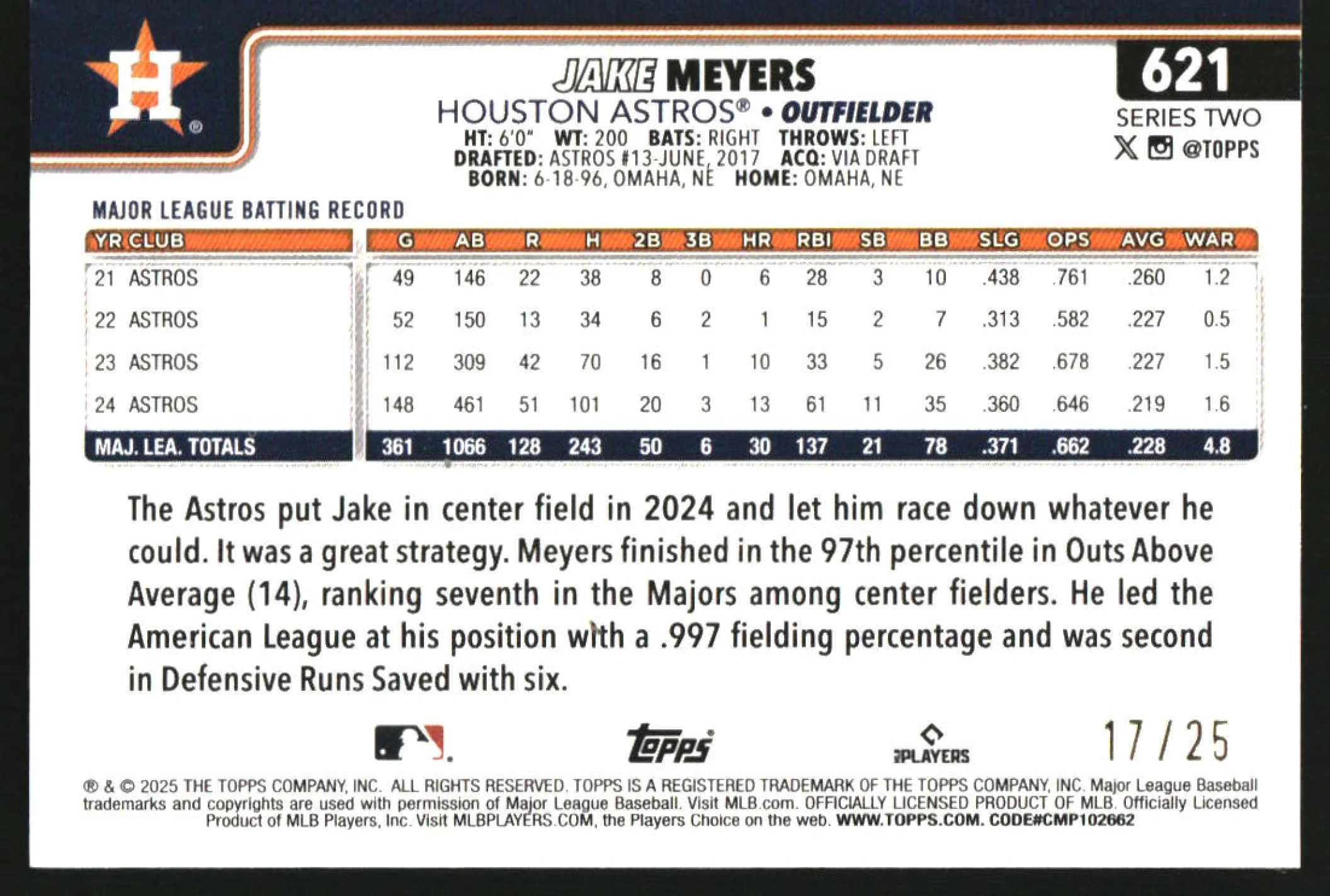 2025 Topps Wood #621 Jake Meyers /25 - Image 2