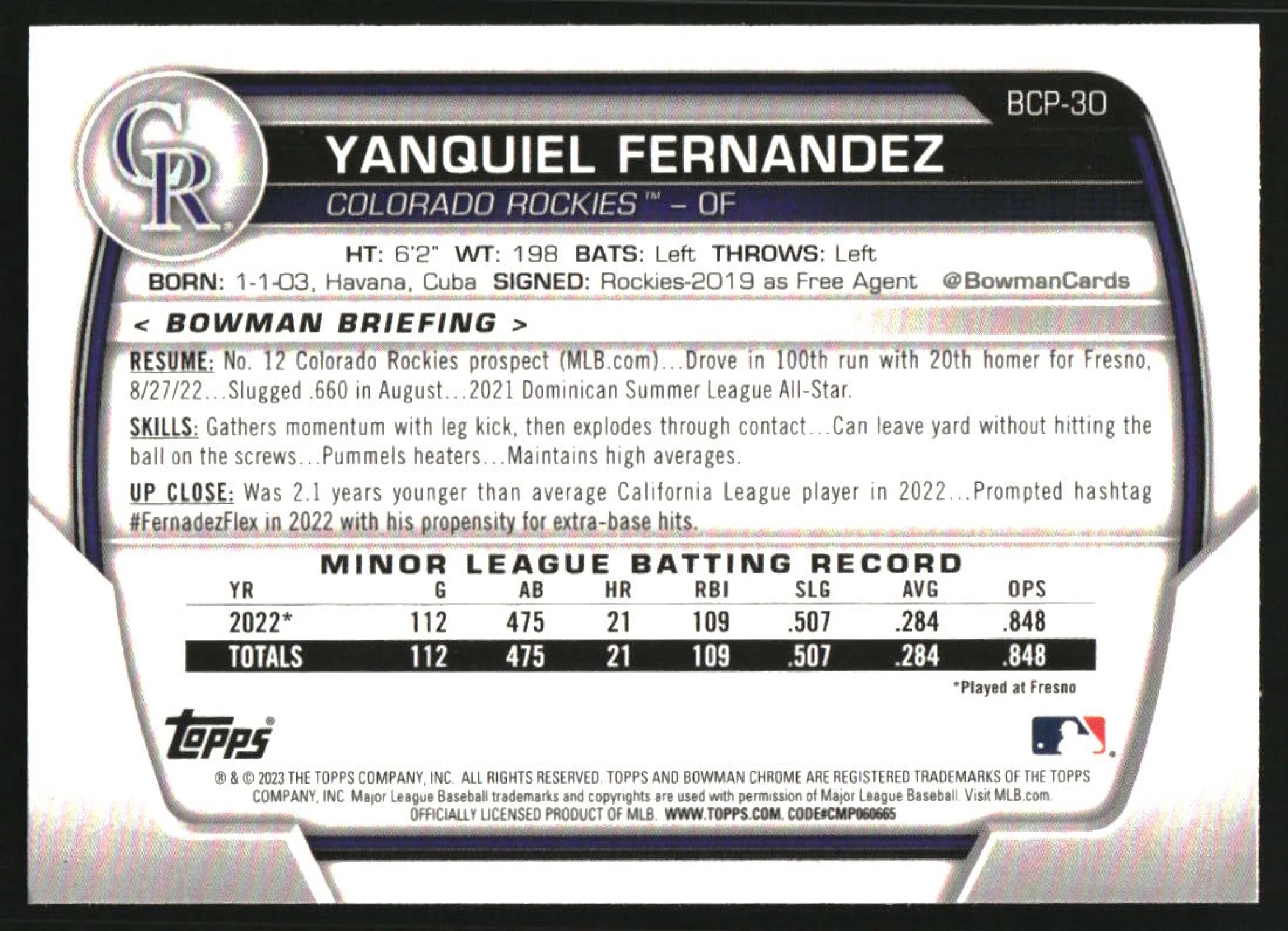 2023 Bowman Chrome Prospects Pearl Refractor #BCP-30 Yanquiel Fernandez - Image 2