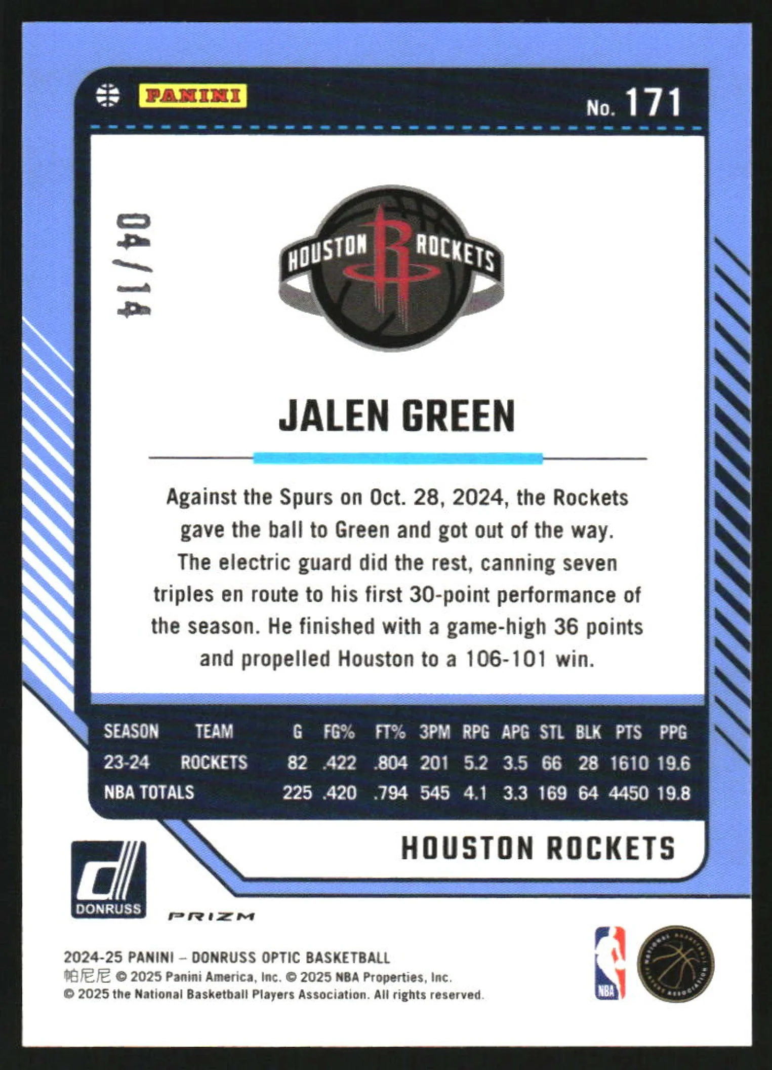 2024-25 Panini Donruss Optic Green FOTL #171 Jalen Green /14 - Image 2