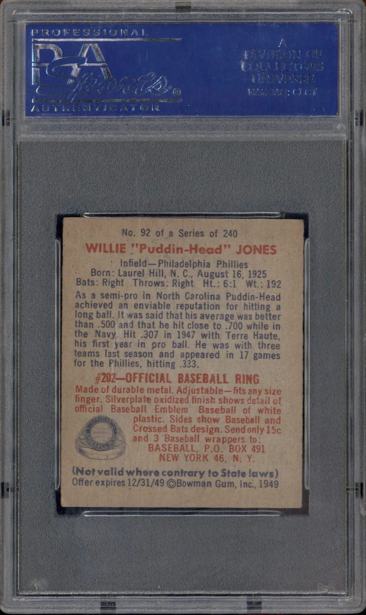1949 Bowman #92 Willie Jones RC PSA 6 - Image 2