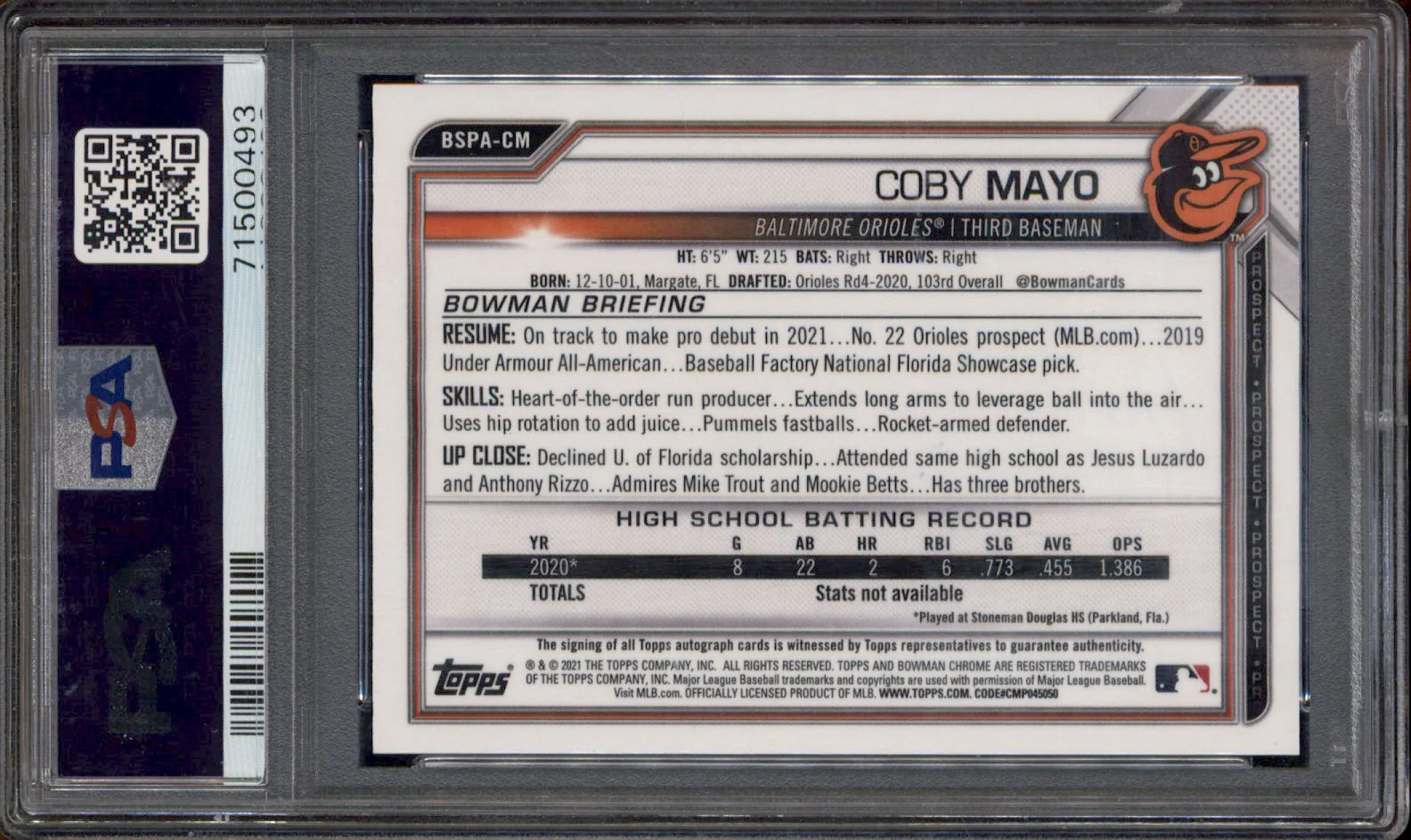 2021 Bowman Sapphire Autographs Orange Refractor Coby Mayo Auto /25 PSA 9 - Image 2