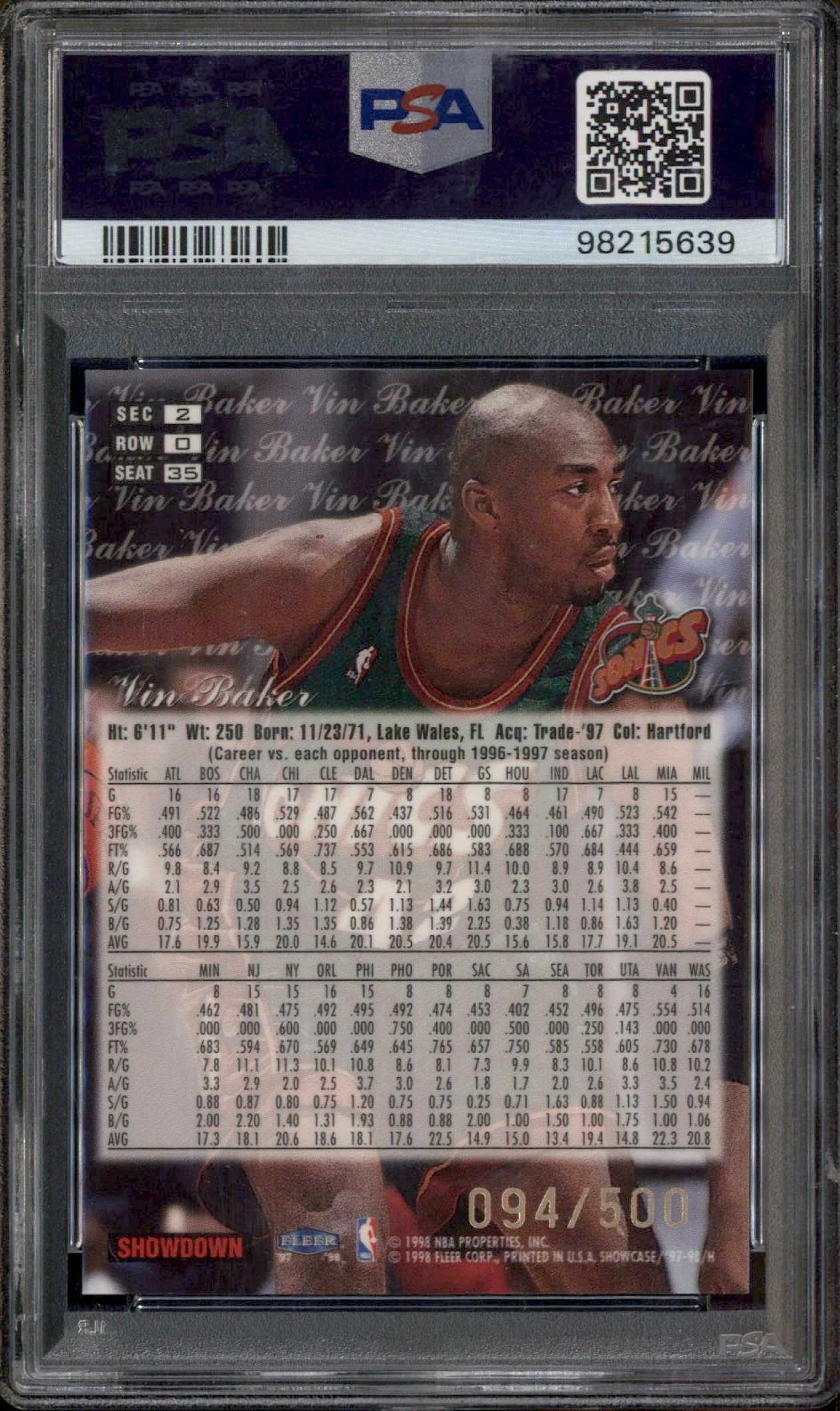 1997-98 Fleer Flair Showcase Flair Showcase Row 0 #35 Vin Baker /500 PSA 8 - Image 2