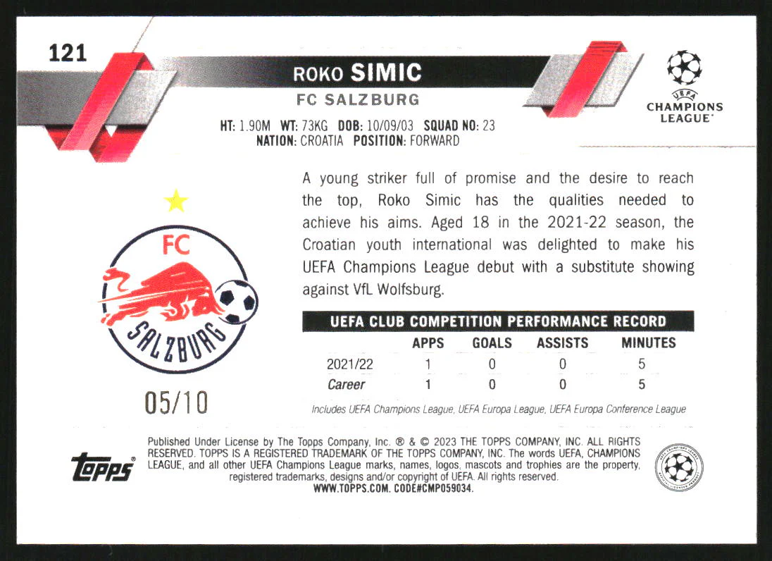 2022-23 Topps UEFA Club Competitions Icy Black #121 Roko Simic RC /10 - Image 2