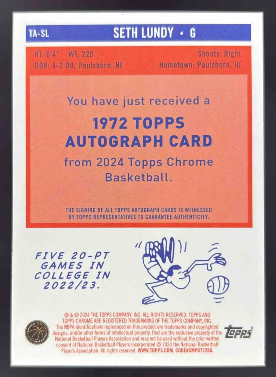 2023 Topps Chrome Sapphire 1972 Chrome Purple Sapphire Seth Lundy RC Auto /10 - Image 2