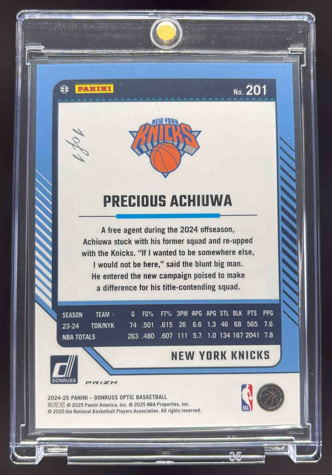 2024-25 Panini Donruss Optic Gold Vinyl #201 Precious Achiuwa 1/1 - Image 2