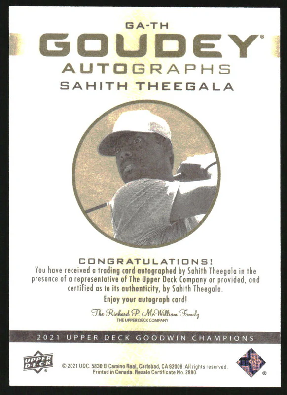 2021 Upper Deck Goodwin Champions Goudey Autographs #GATH Sahith Theegala Auto - Image 2