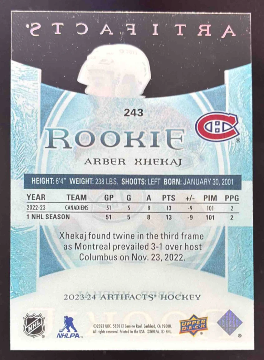 2023-24 Upper Deck Artifacts Clear Cut Rookies #243 Arber Xhekaj Rookie - Image 2