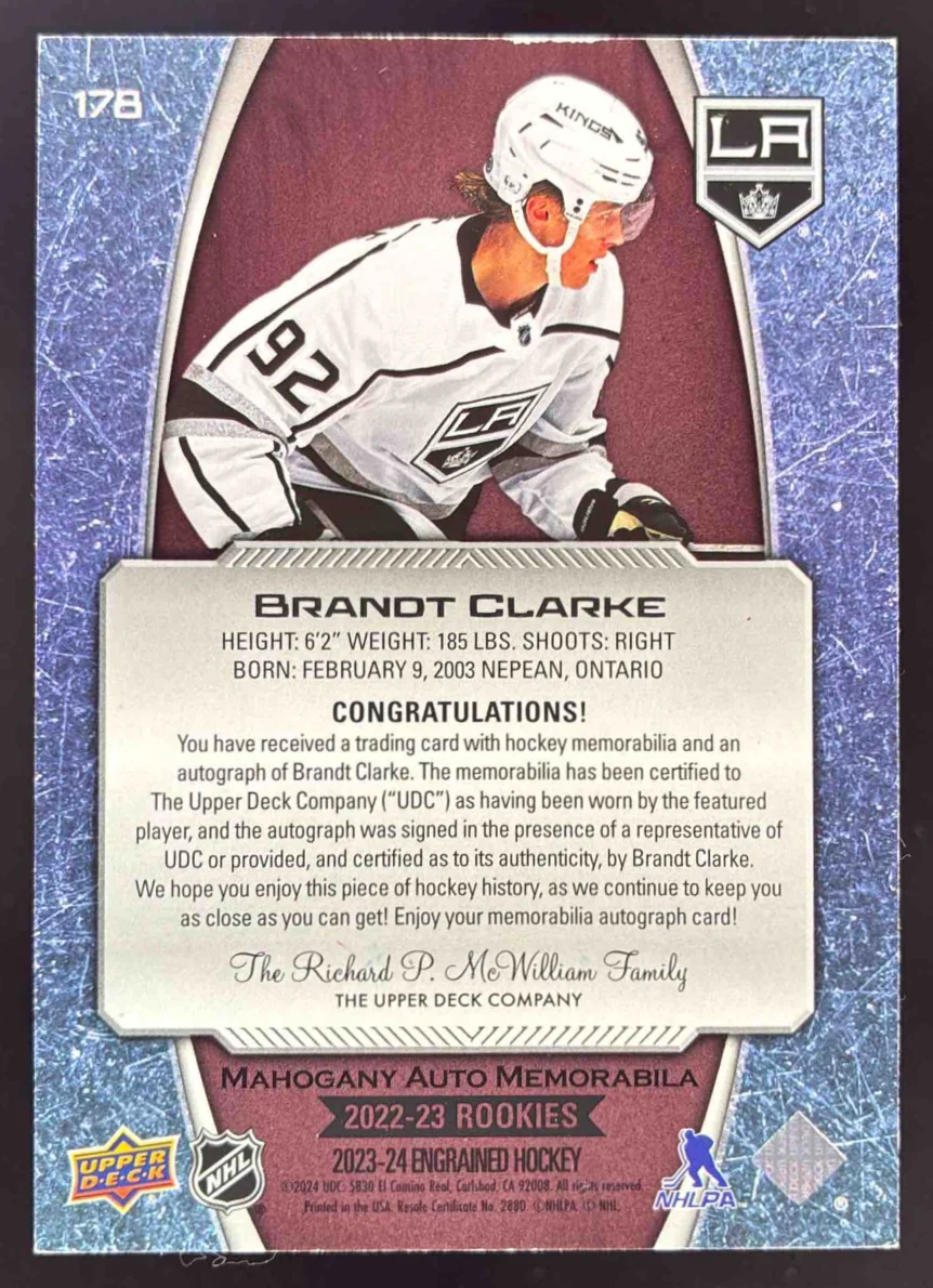 2023-24 Upper Deck Engrained Memorabilia Auto Mahogany Brandt Clarke RC Auto /35 - Image 2