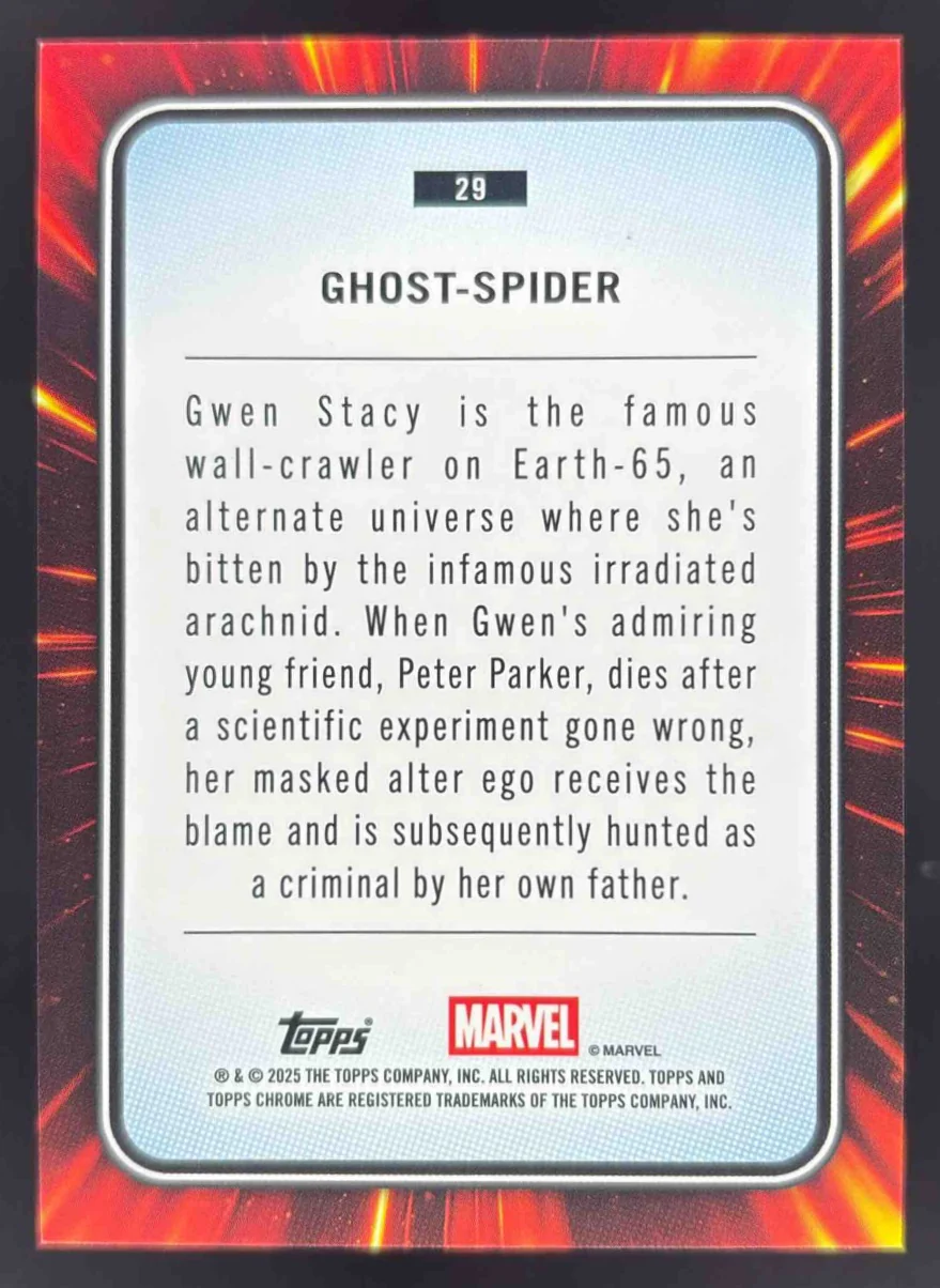 2025 Topps Chrome Marvel Iron Man Red Gold Lazer Refractor #29 Ghost-Spider /100 - Image 2