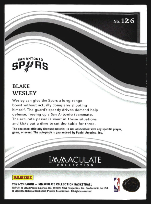 2022 Immaculate Collection Rookie Patch Auto Jersey Number Blake Wesley RC /14 - Image 2