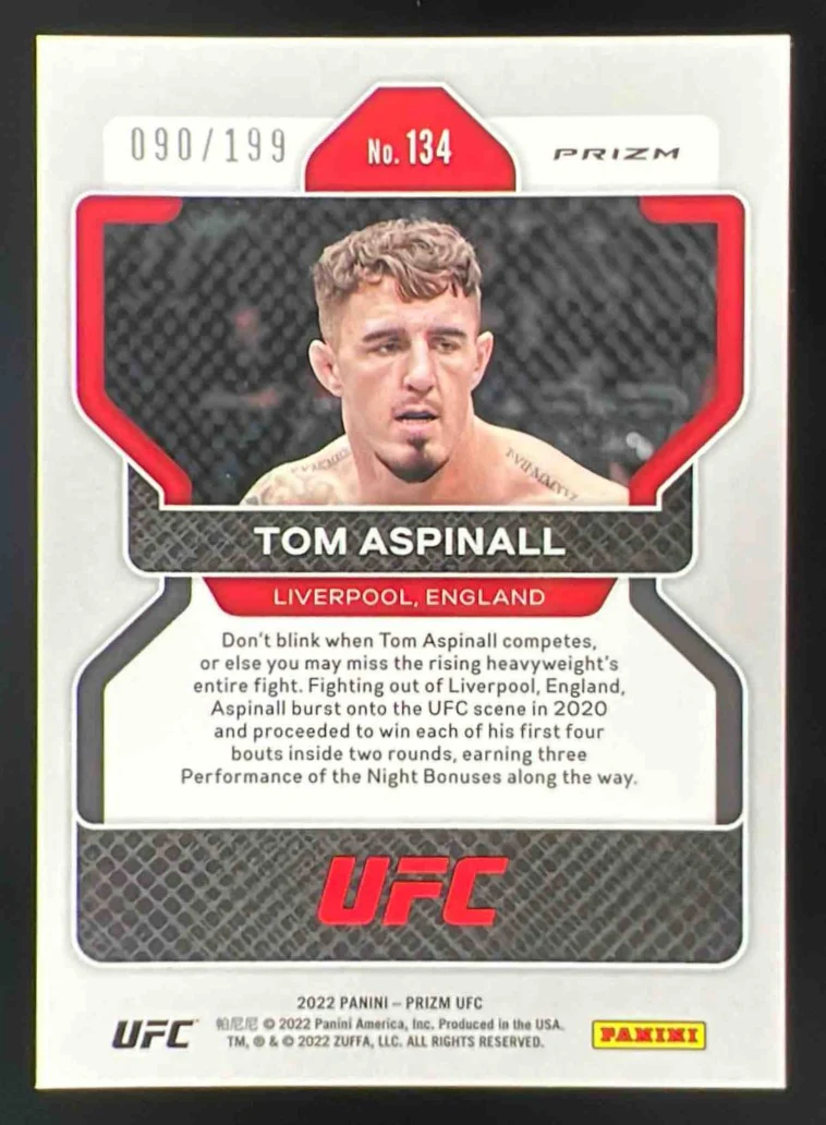 2022 Panini Prizm UFC Blue Prizms #134 Tom Aspinall RC /199 - Image 2