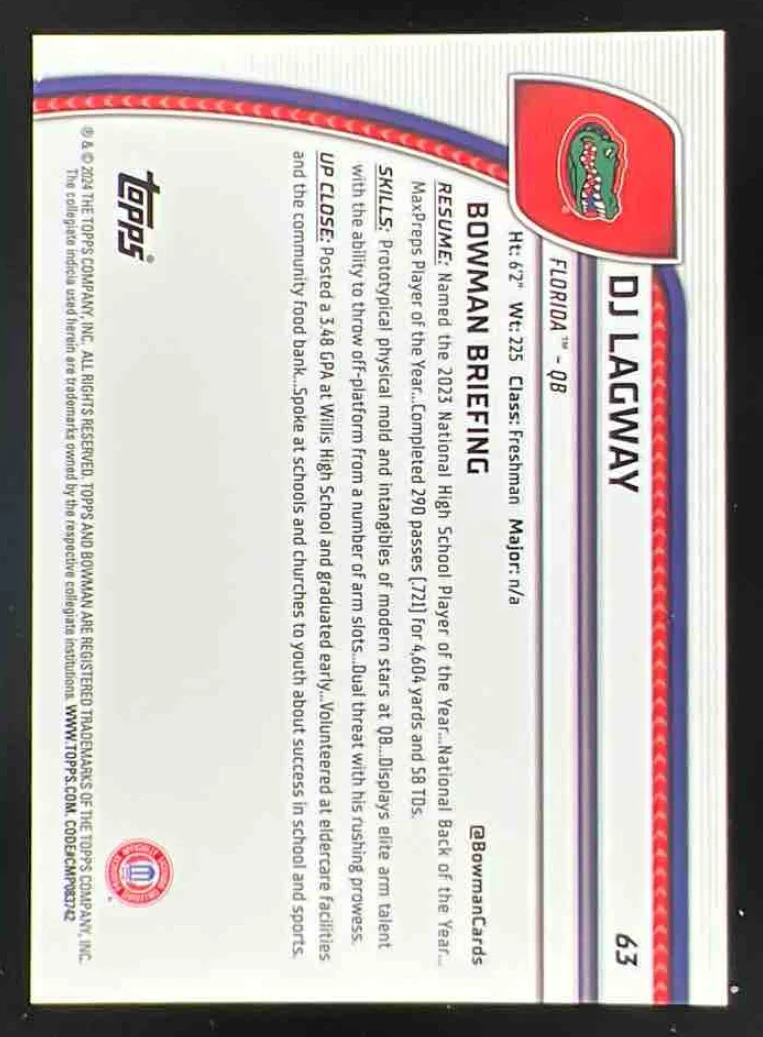 2024 Bowman Chrome University Sapphire Chrome Yellow Refractor #63 DJ Lagway /75 - Image 2