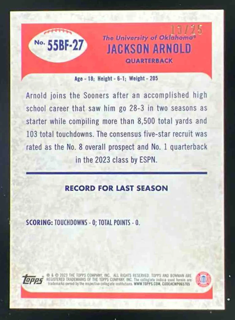 2023 Bowman University Chrome 1955 Orange Refractor #55BF-27 Jackson Arnold /25 - Image 2
