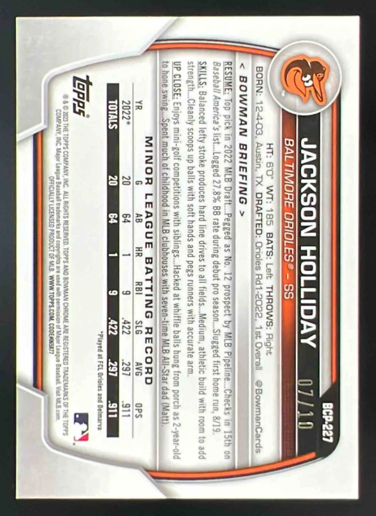 2023 Bowman Chrome Red Shimmer Refractor #BCP-227 Jackson Holliday /10 - Image 2