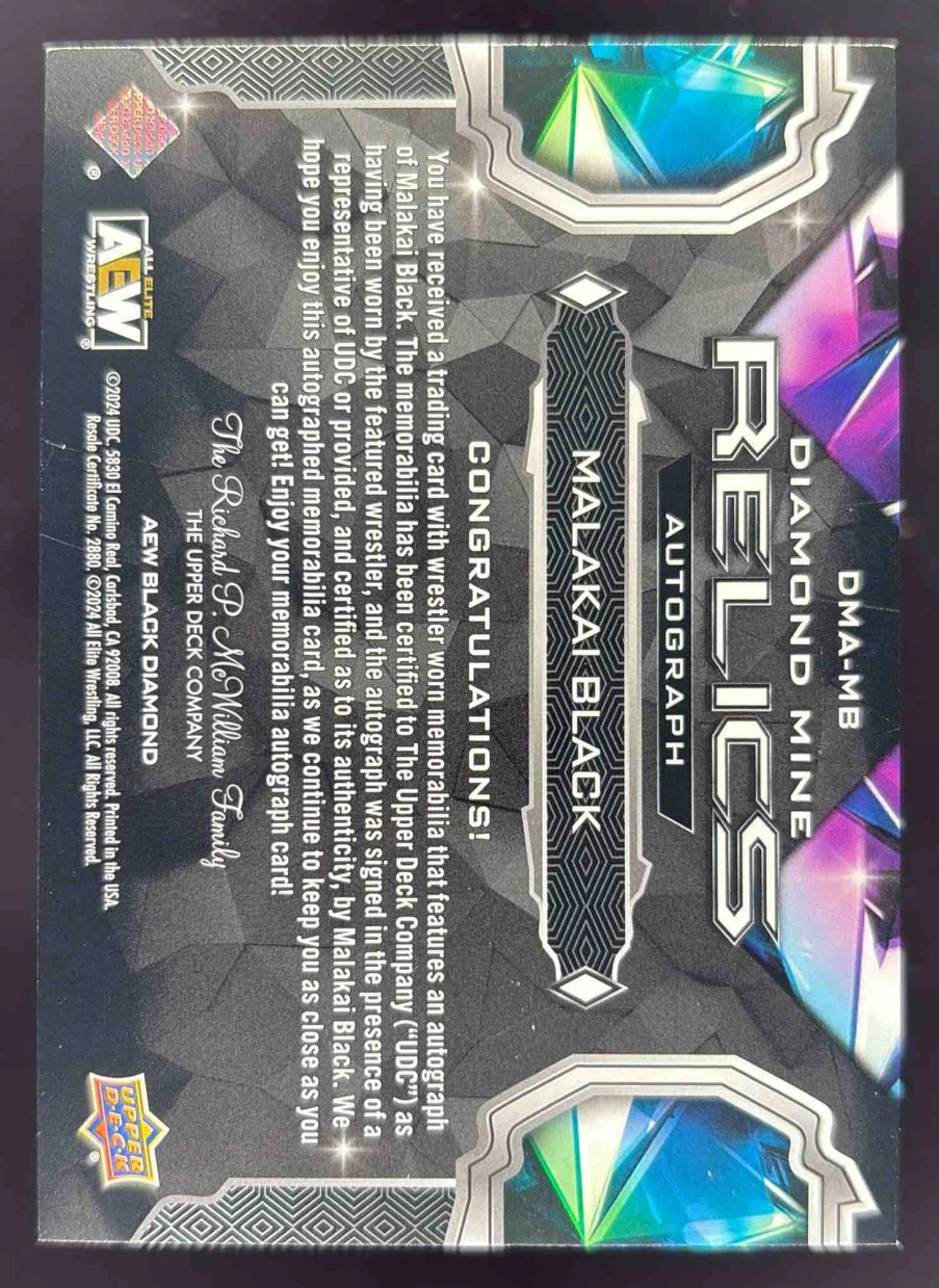 2024 Upper Deck AEW Black Diamond Wrestling Mine Relics Malakai Black Auto /49 - Image 2