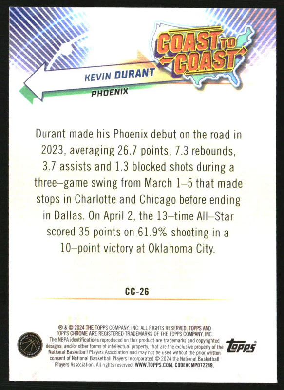 2023-24 Topps Chrome Coast to Coast Orange Refractors #CC26 Kevin Durant /25 - Image 2