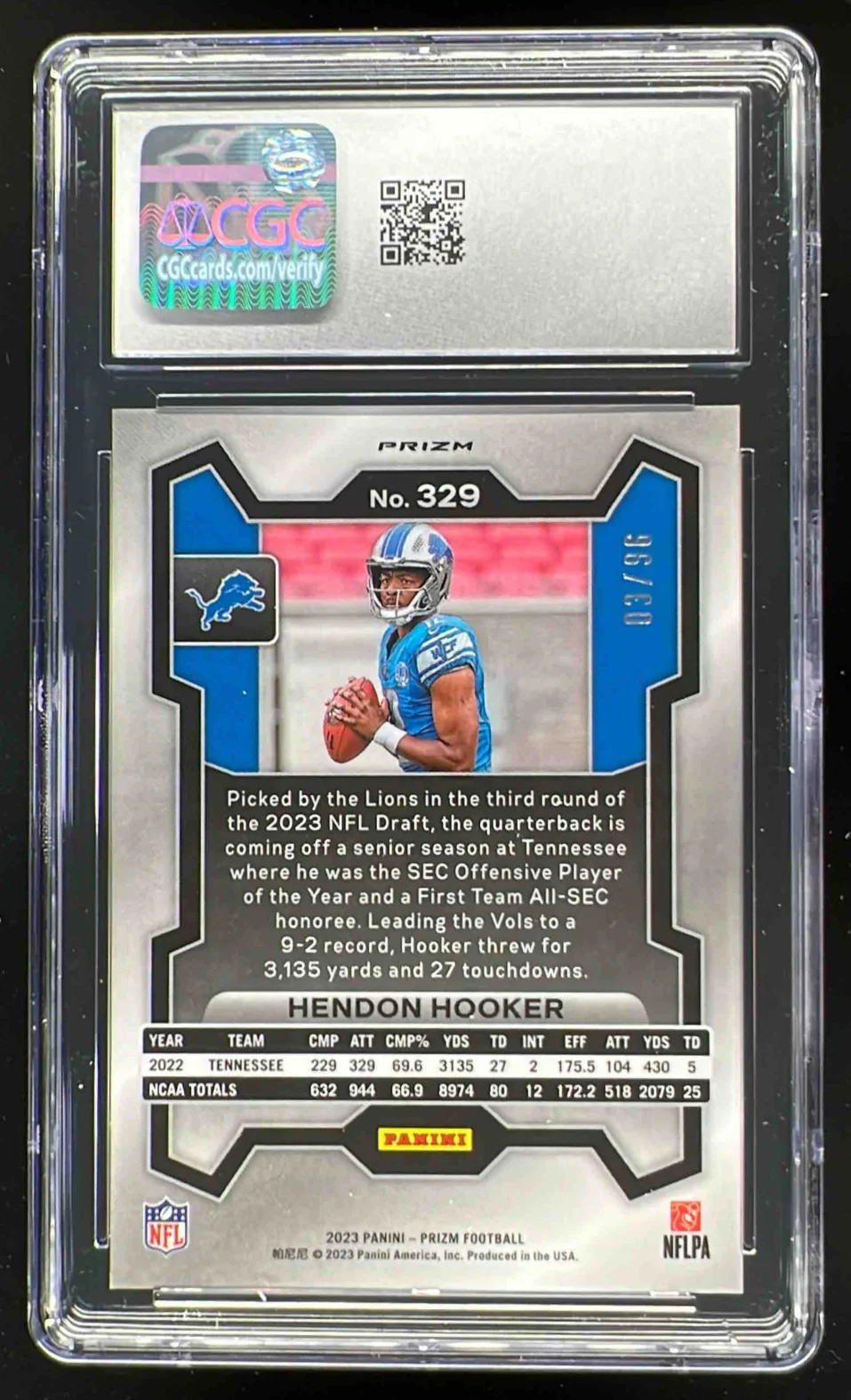 2023 Panini Prizm Blue Sparkle Prizm #329 Hendon Hooker RC /96 CGC 10 - Image 2