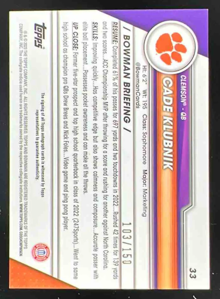 2023 Bowman University Chrome Fuschia Mini Diamond #33 Cade Klubnik Auto /150 - Image 2