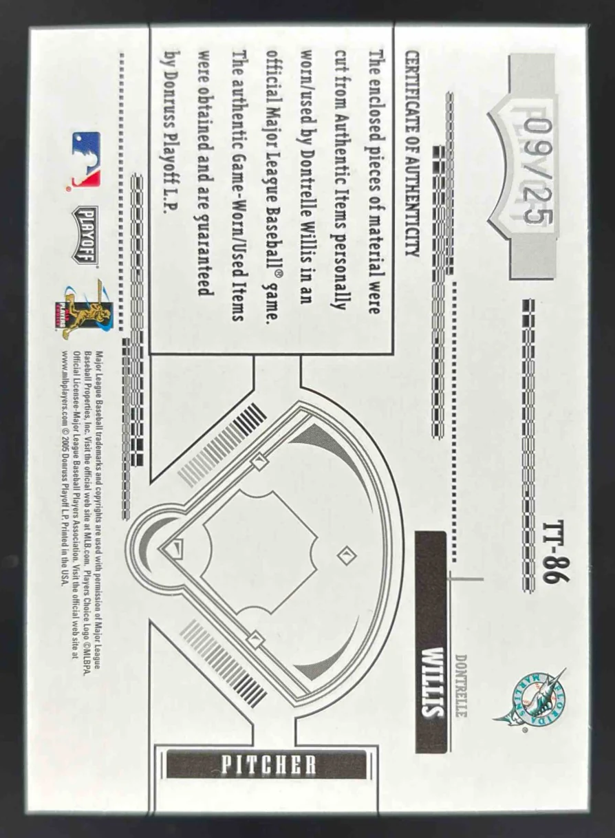 2005 Absolute Memorabilia Tools of the Trade Swatch Triple Dontrelle Willis /25 - Image 2