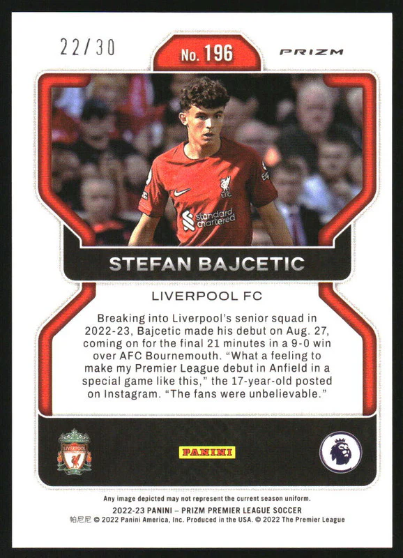 2022-23 Panini Prizm Premier League Choice Red  Stefan Bajcetic RC /30 - Image 2