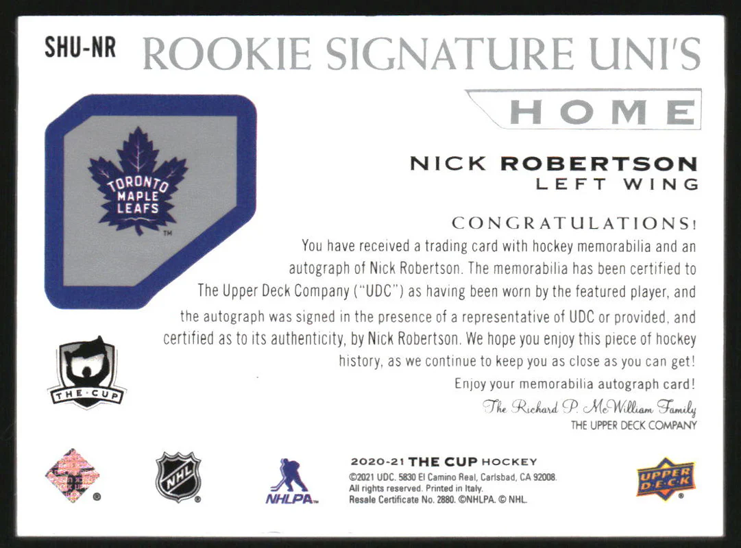 2020-21 The Cup Signature Home Unis #SHUNR Nick Robertson RC Auto /49 - Image 2