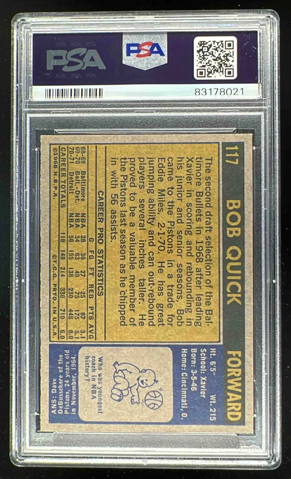 1971-72 Topps #117 Bob Quick PSA 9 - Image 2