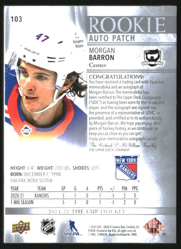 2021-22 The Cup #103 Morgan Barron RC Jersey Auto /249 - Image 2