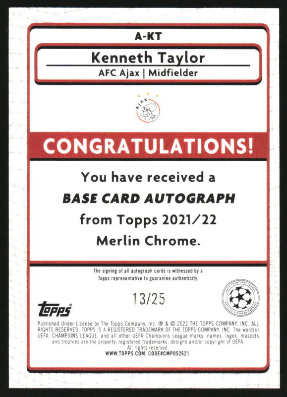 2021-22 Merlin UEFA Champions League Autographs Orange Kenneth Taylor Auto /25 - Image 2