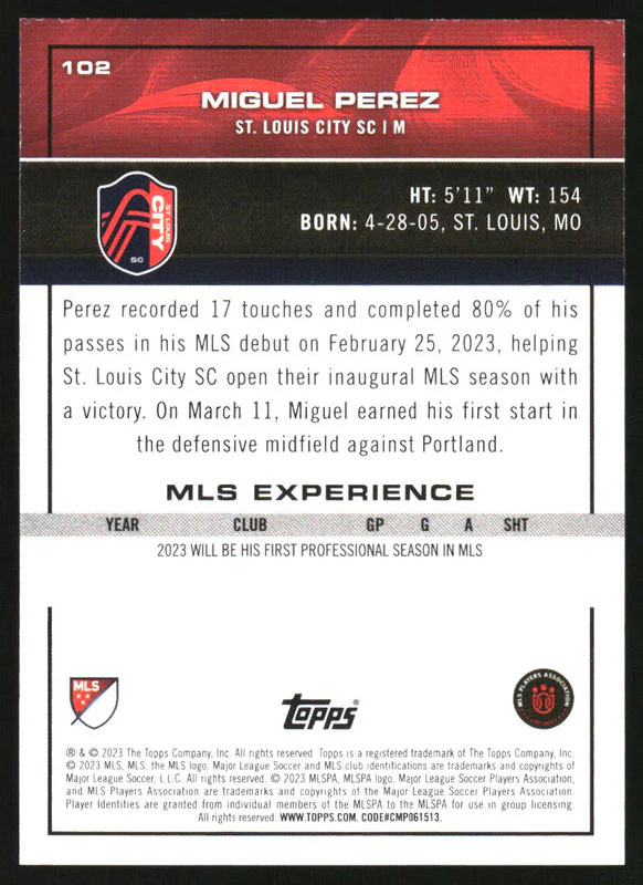 2023 Topps MLS Gold Foil #102 Miguel Perez RC /50 - Image 2