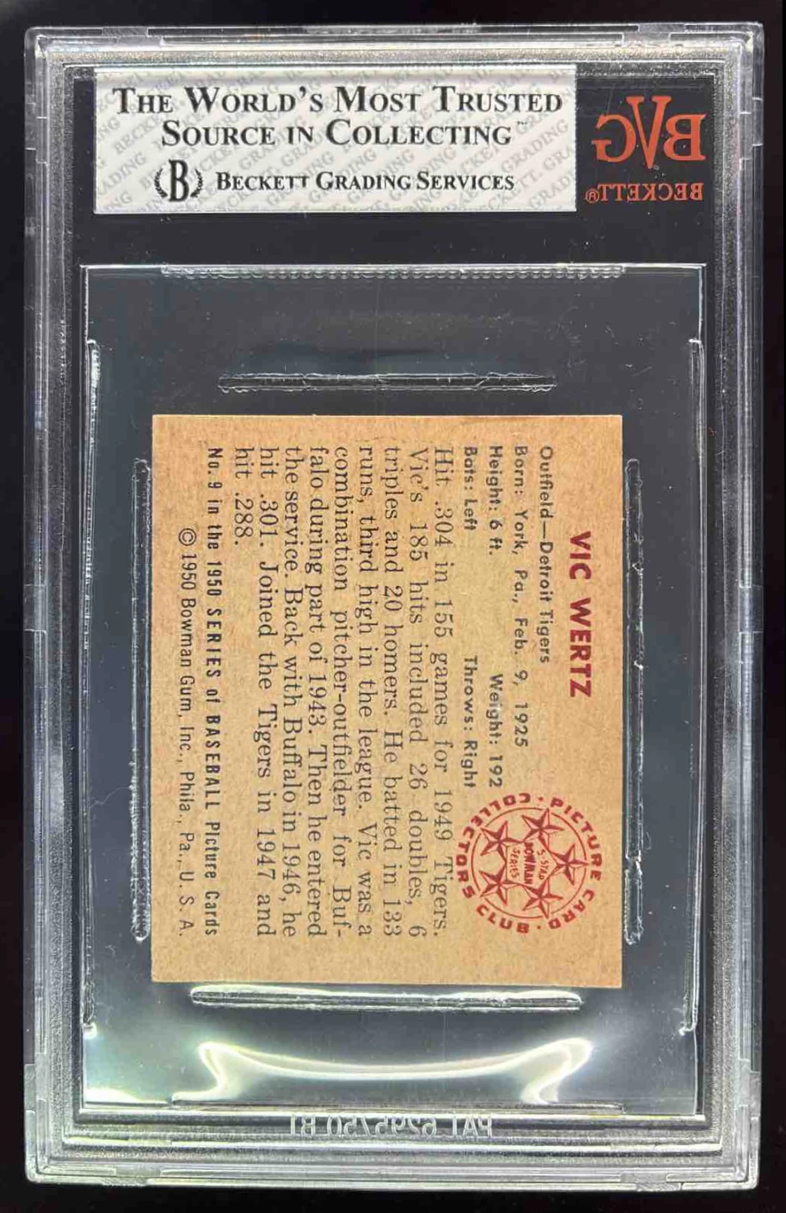 1950 Bowman #9 Vic Wertz BGS 7 - Image 2