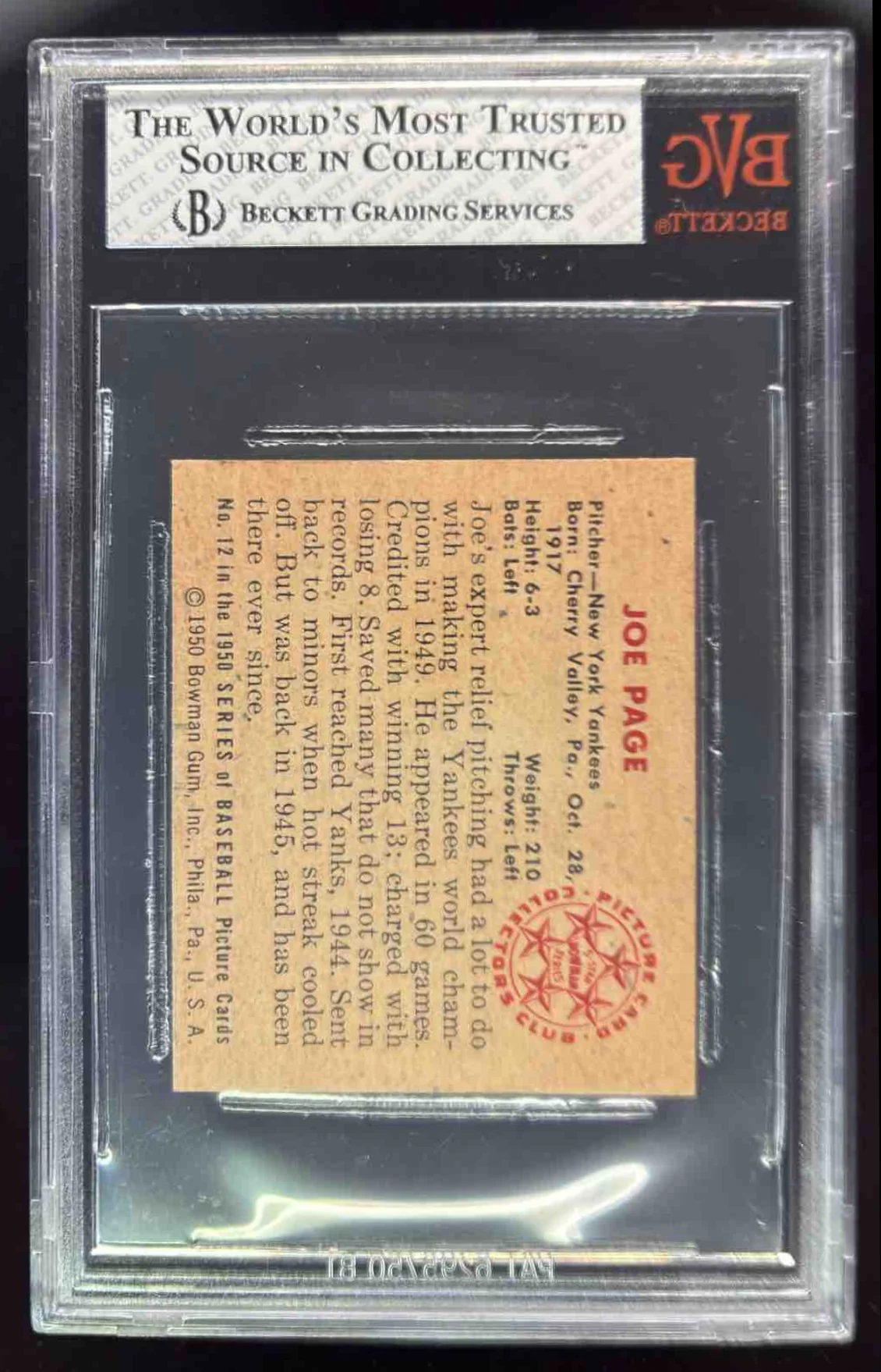 1950 Bowman #12 Joe Page BGS 7 - Image 2