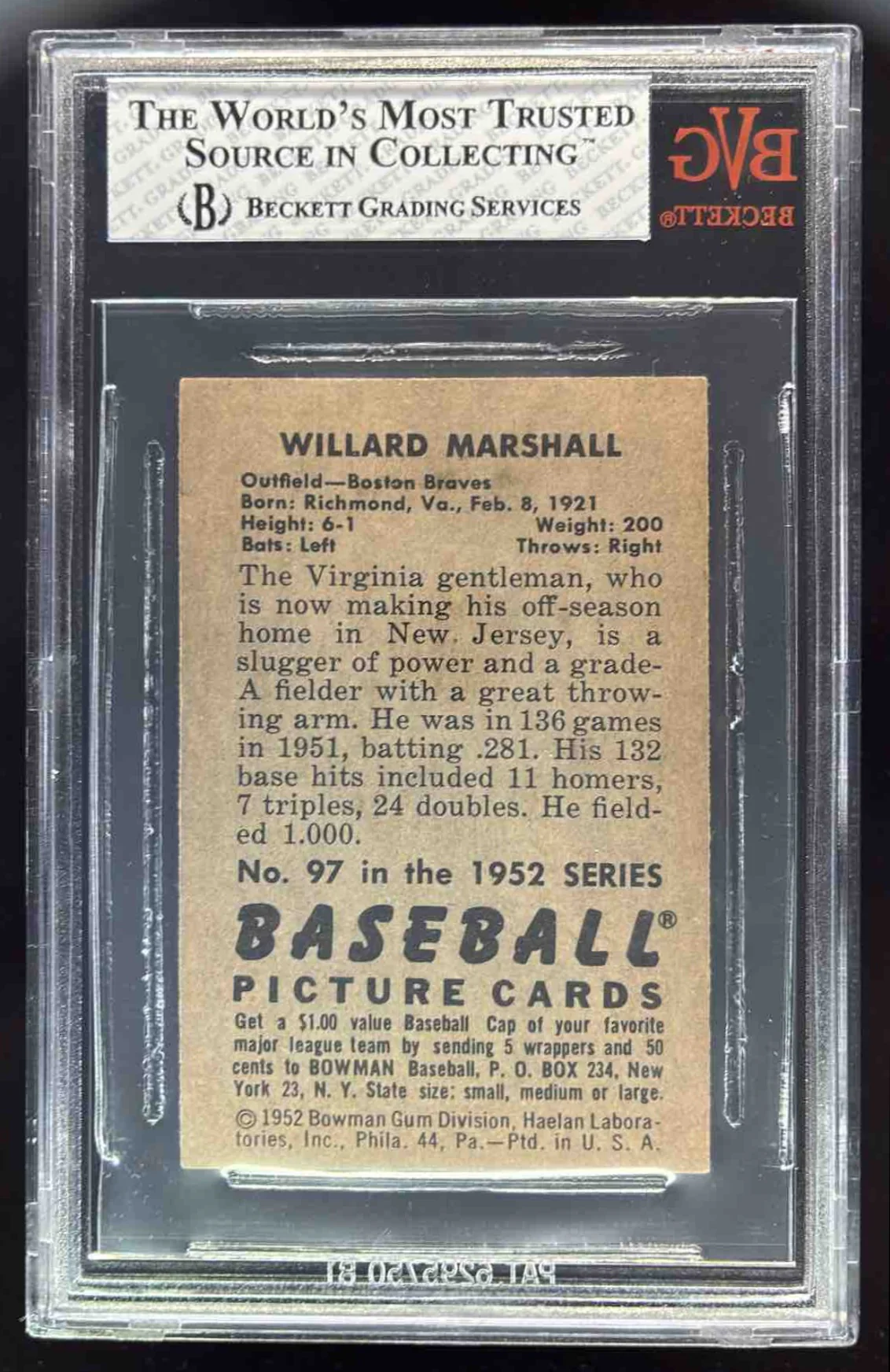 1952 Bowman #97 Willard Marshall BGS 7 - Image 2