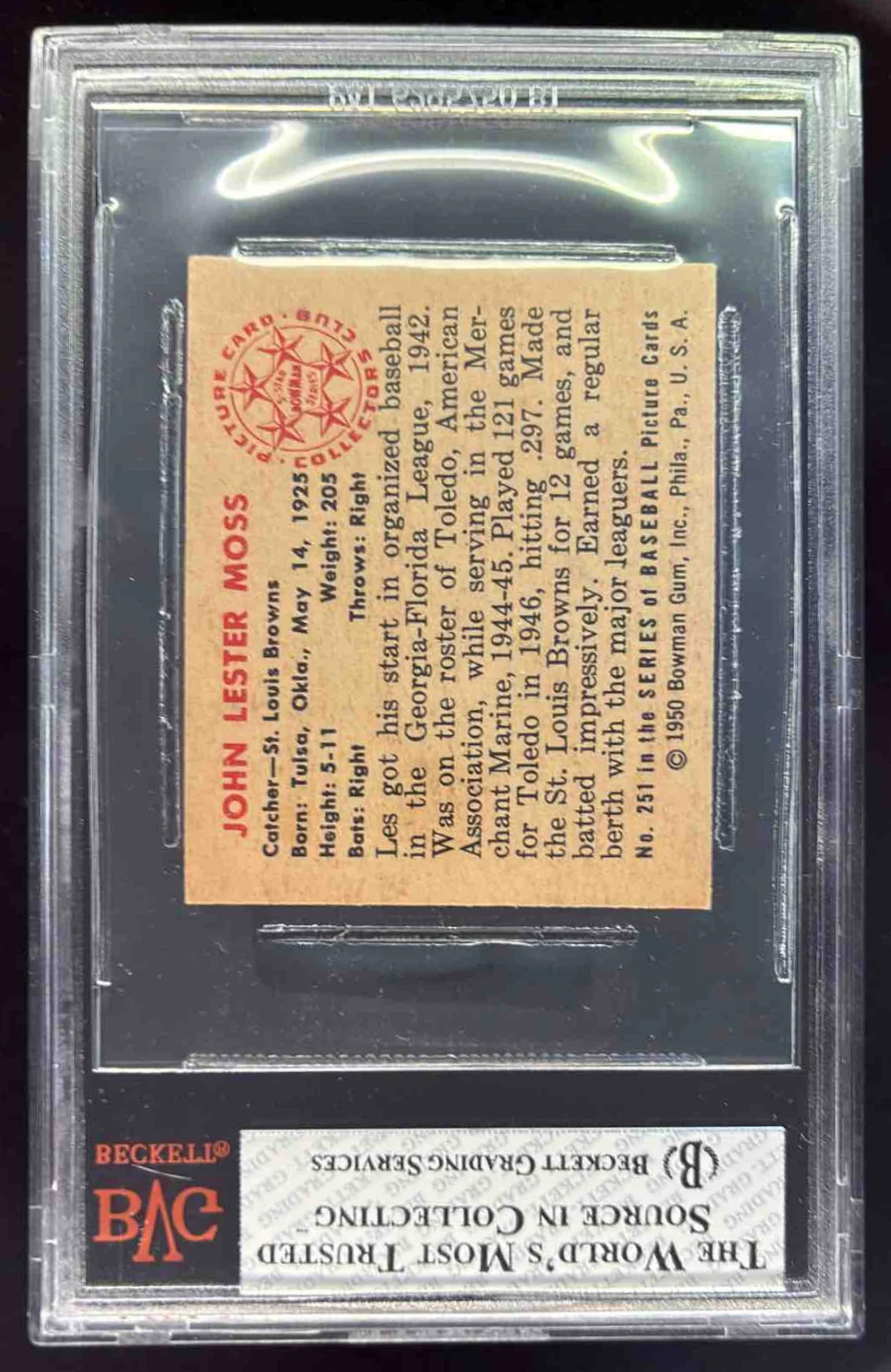 1950 Bowman #251a John Lester Moss RC BGS 7 - Image 2