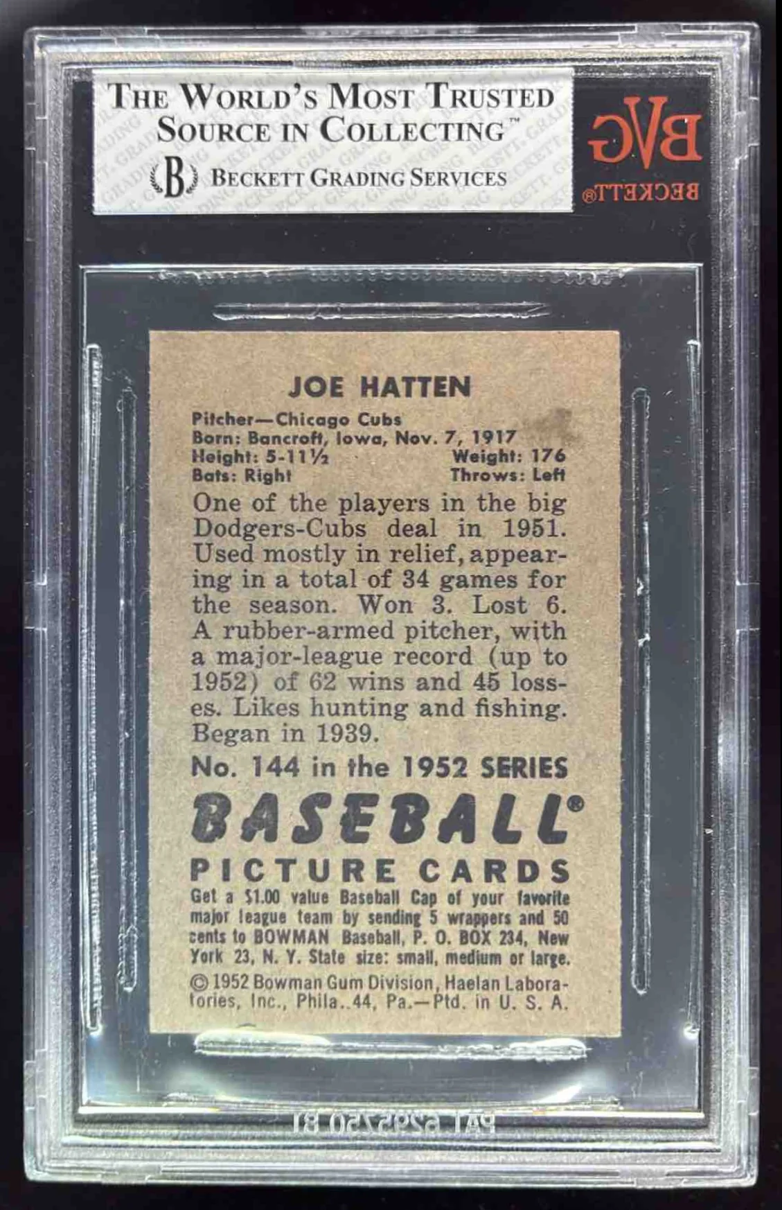 1952 Bowman #144 Joe Hatten BGS 7.5 - Image 2