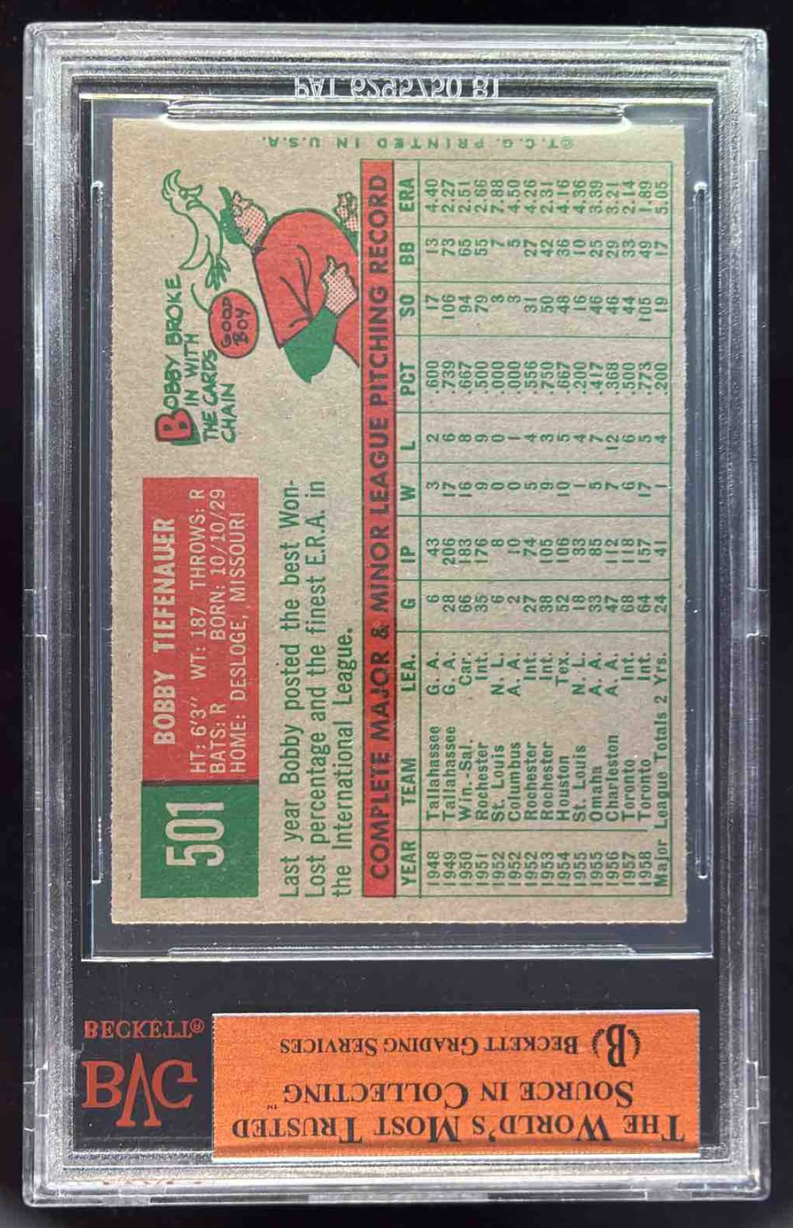 1959 Topps #501 Bobby Tiefenauer RC BGS 8 - Image 2