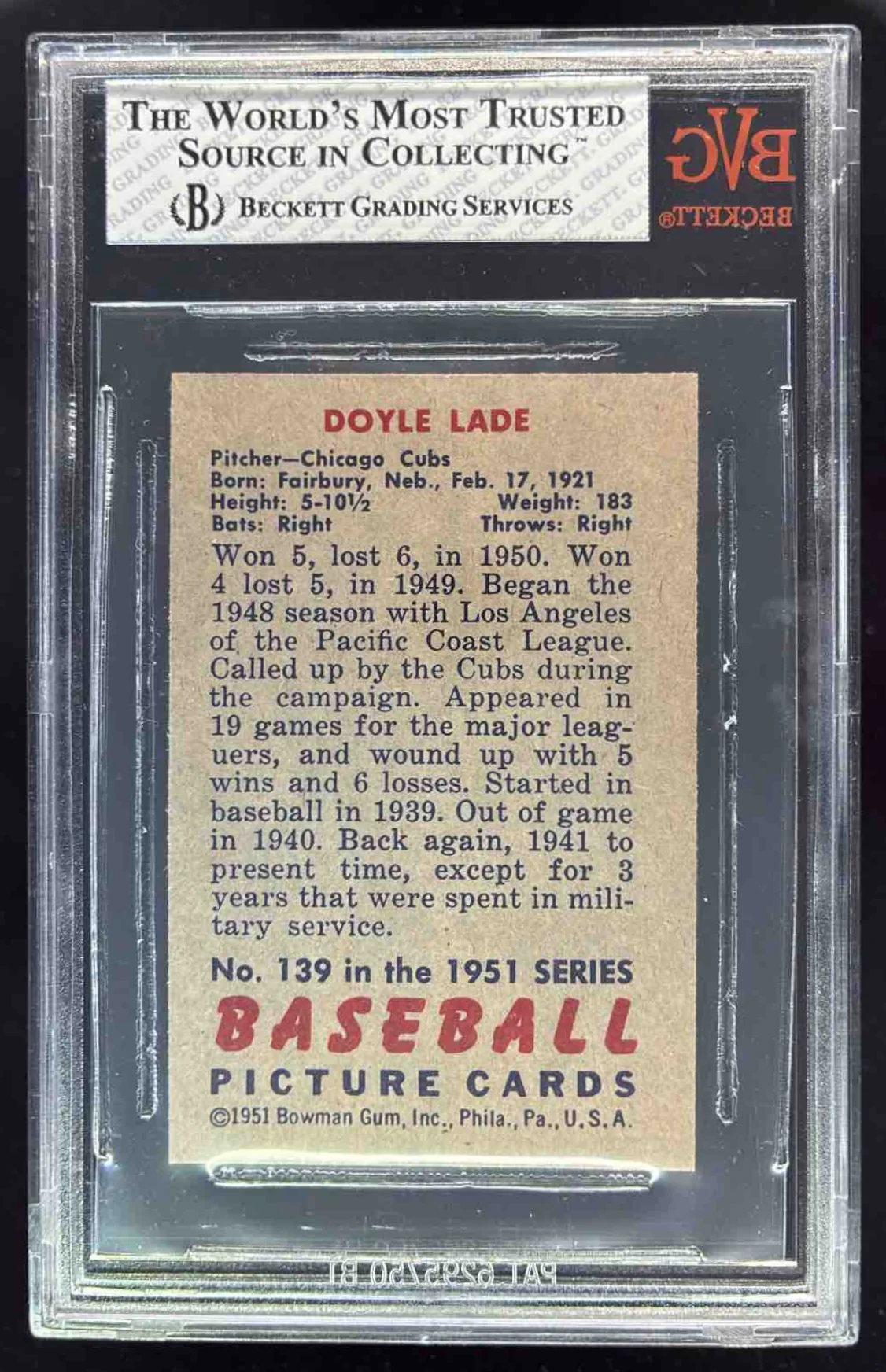 1951 Bowman #139 Doyle Lade BGS 8 - Image 2