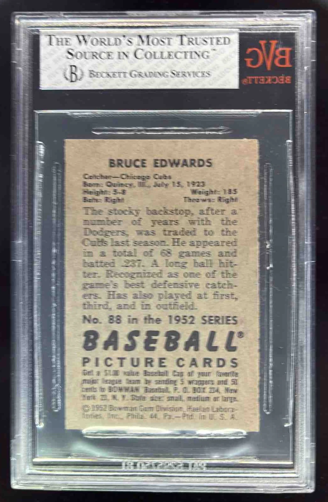 1952 Bowman #88 Bruce Edwards BGS 8 - Image 2