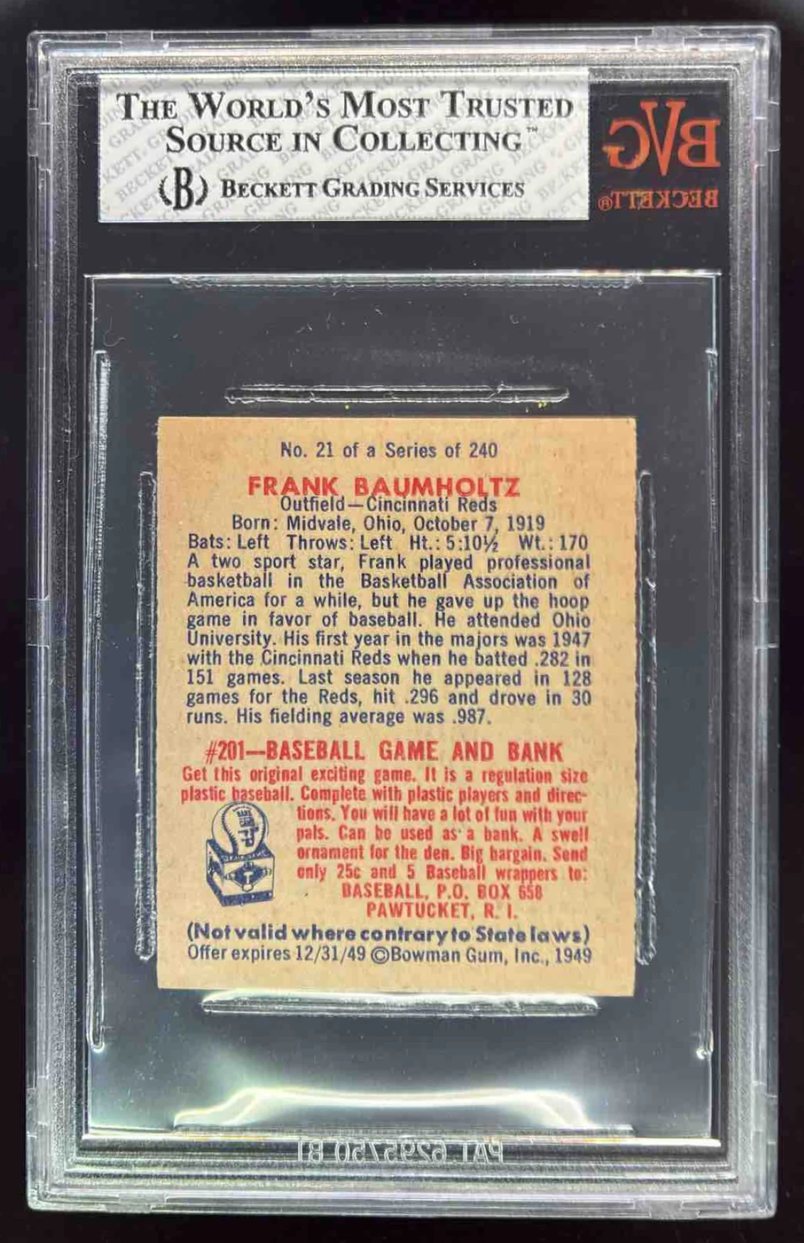 1949 Bowman #21 Frank Baumholtz RC BGS 8 - Image 2