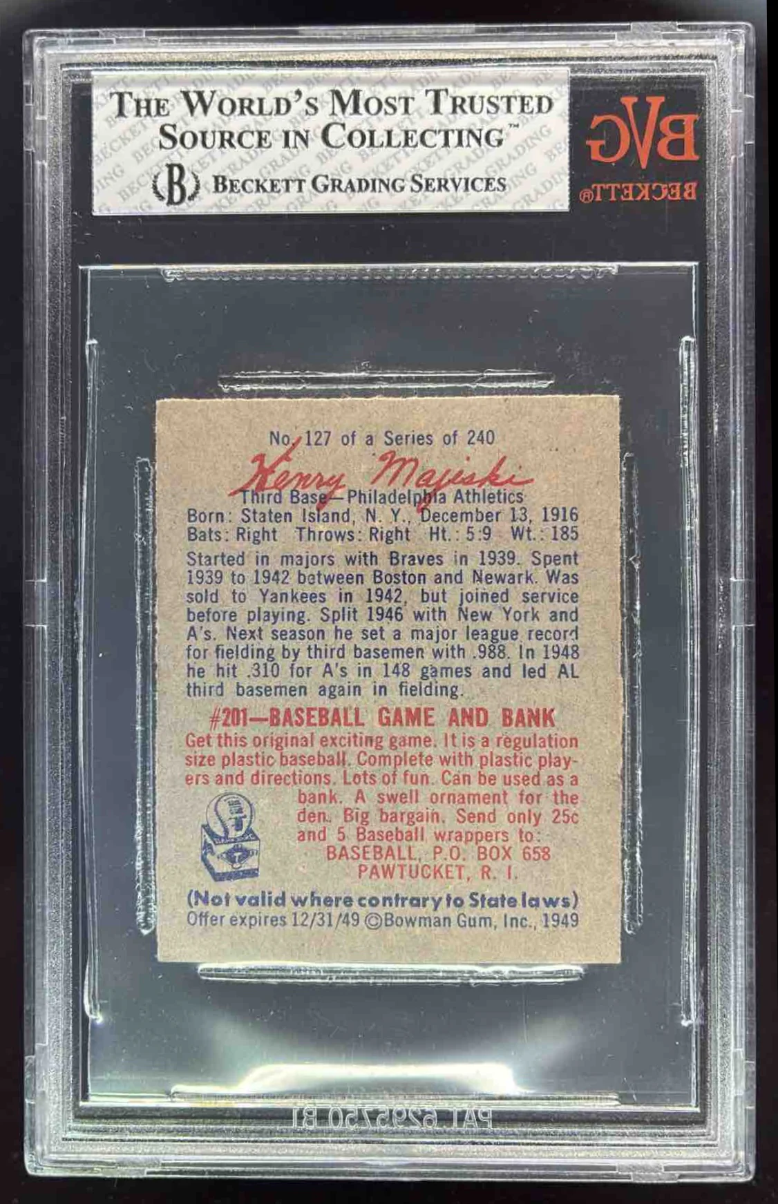 1949 Bowman #127a Henry Majeski RC BGS 8 - Image 2
