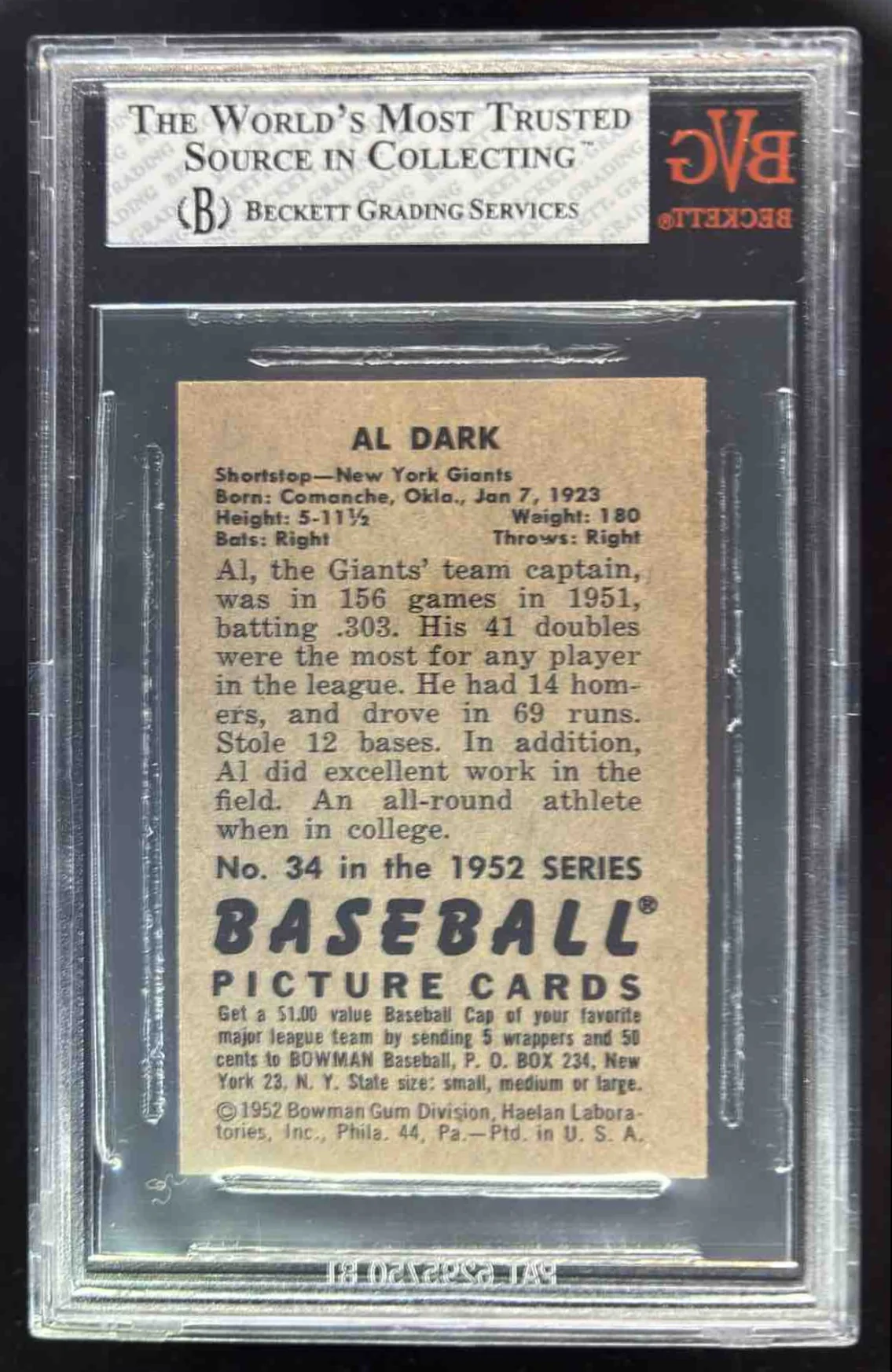 1952 Bowman #34 Al Dark UER BGS 8 - Image 2