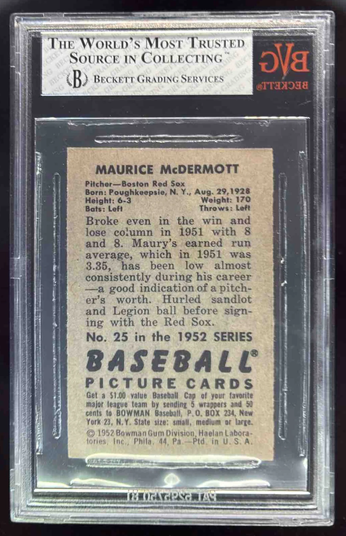 1952 Bowman #25 Maurice McDermott BGS 8 - Image 2