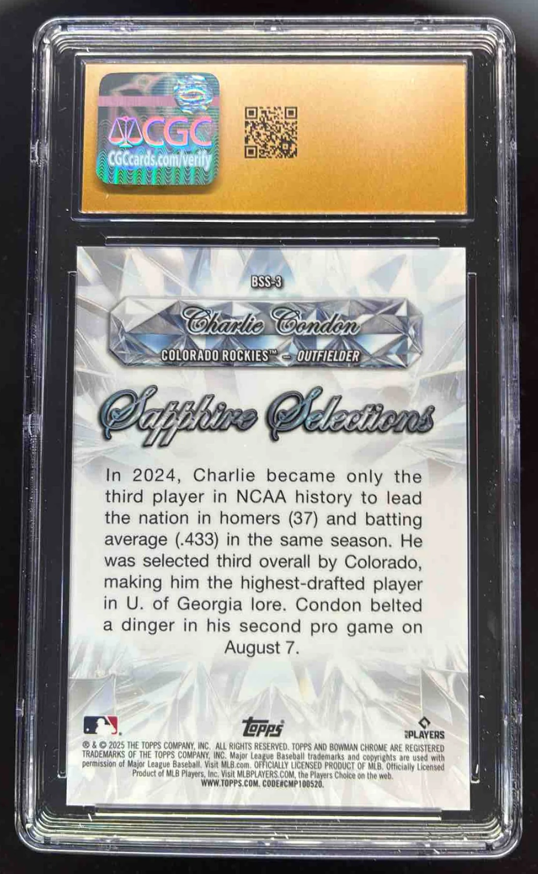 2025 Bowman Sapphire Selections Gold Refractors #BSS-3 Charlie Condon /50 CGC 10 - Image 2
