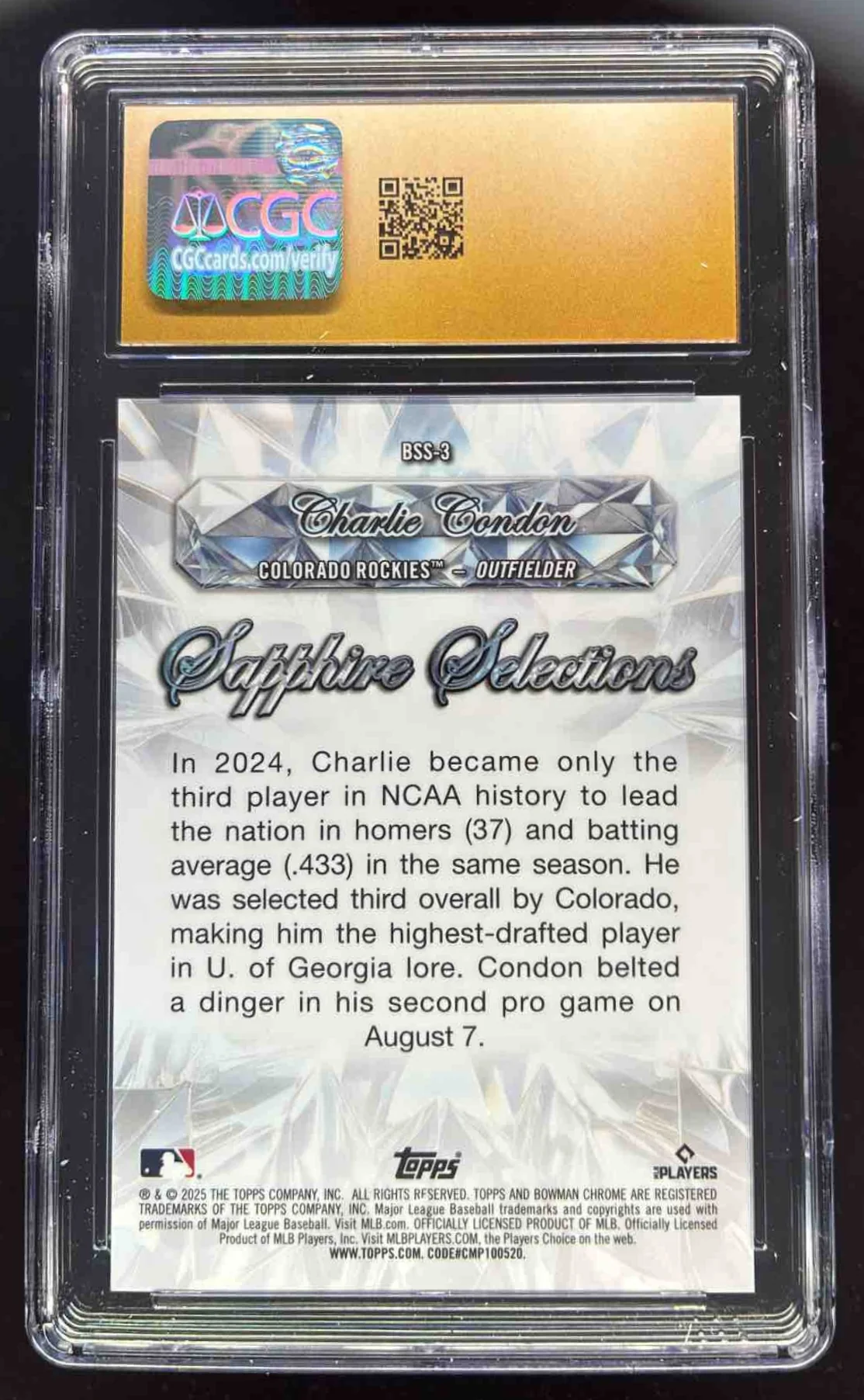 2025 Bowman Sapphire Selections Gold Refractors #BSS-3 Charlie Condon /50 CGC 10 - Image 2