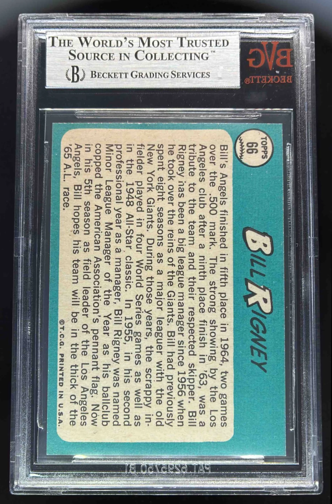 1965 Topps #66 Bill Rigney BGS 9 - Image 2