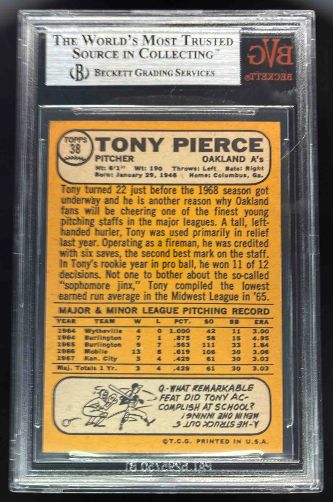 1968 Topps #38 Tony Pierce BGS 9 - Image 2