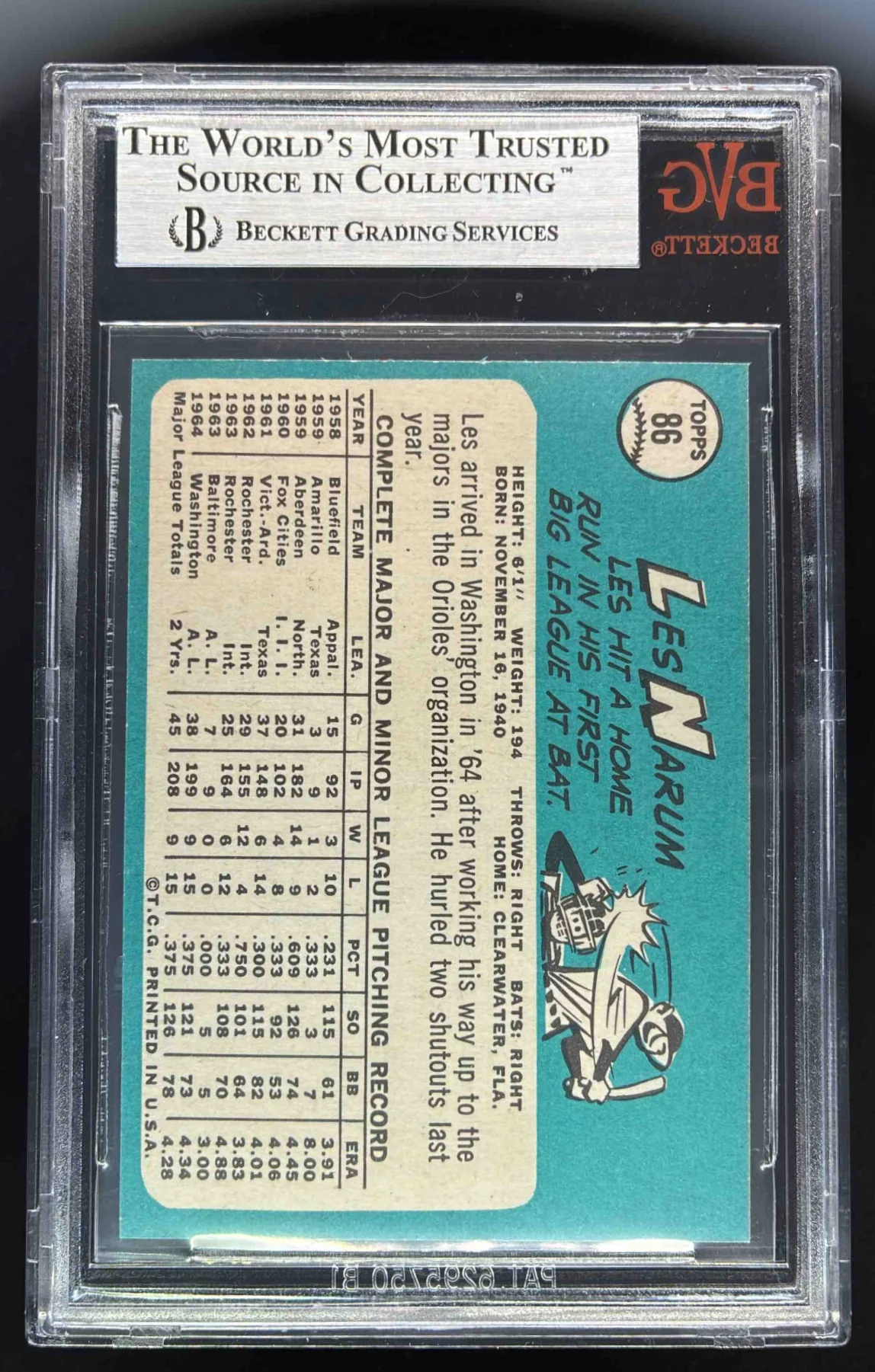 1965 Topps #86 Buster Narum BGS 9 - Image 2